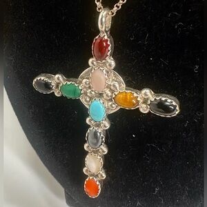 LENORA BEGAY Navajo Sterling Silver Multi-Stone Cabochon Cross Pendant Necklace